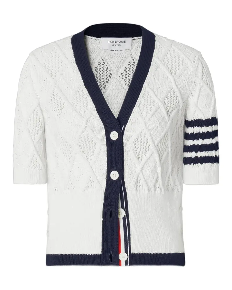 Thom Browne Argyle Pointelle-Cardigan mit 4-Streifen-Logo - Weiß Weiß