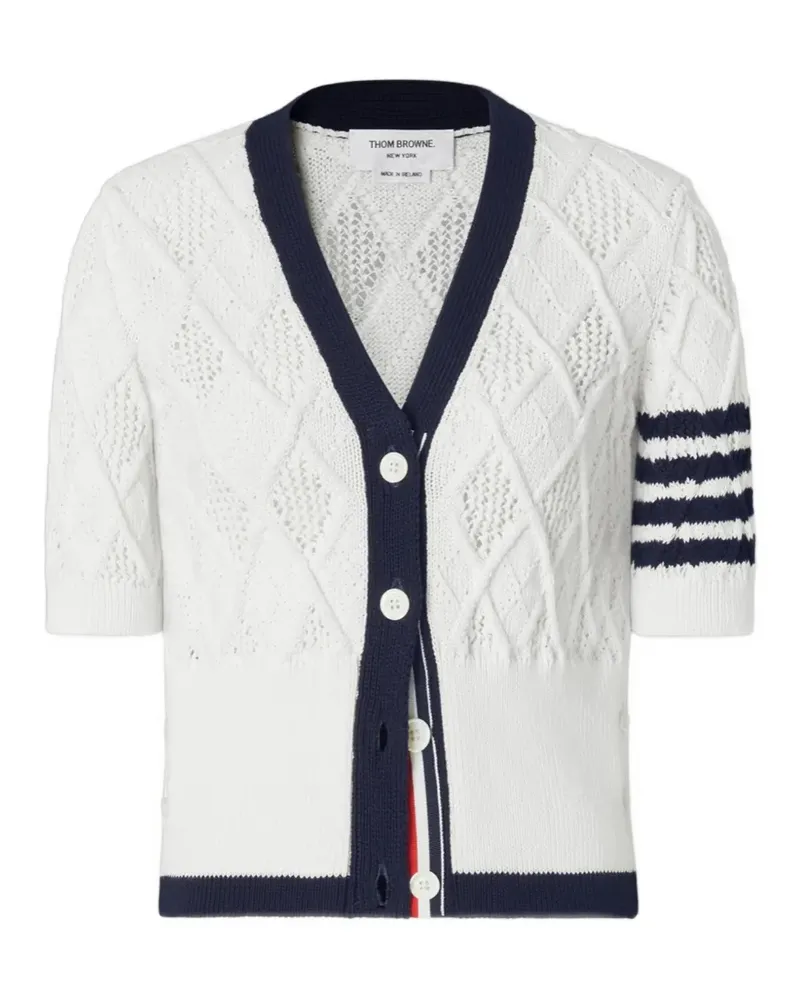 Thom Browne Argyle Pointelle-Cardigan mit 4-Streifen-Logo - Weiß Weiß
