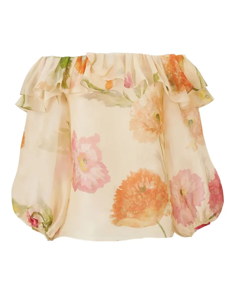 Carolina Herrera New York Puffärmel-Oberteil mit Mohn-Print - Nude Nude