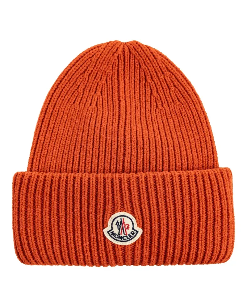 Moncler Gerippte Beanie mit Logo-Patch - Orange Orange