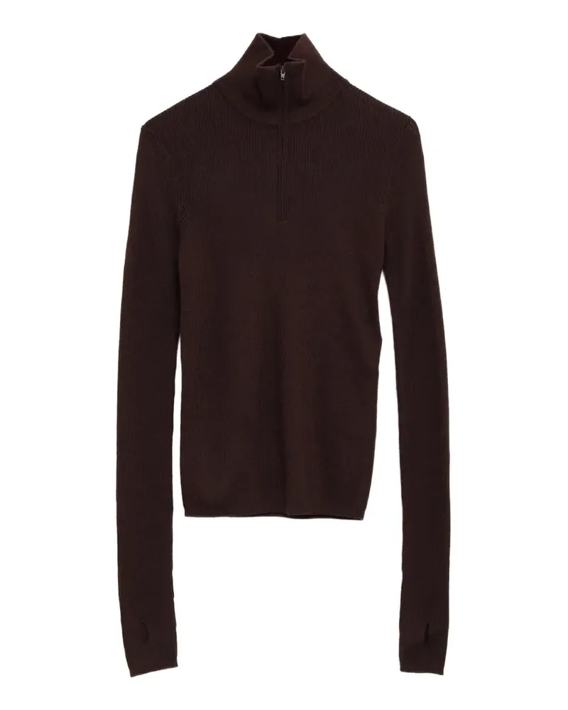 FRANKIE Shop Gerippter Sade Pullover mit Reißverschluss - Braun Braun