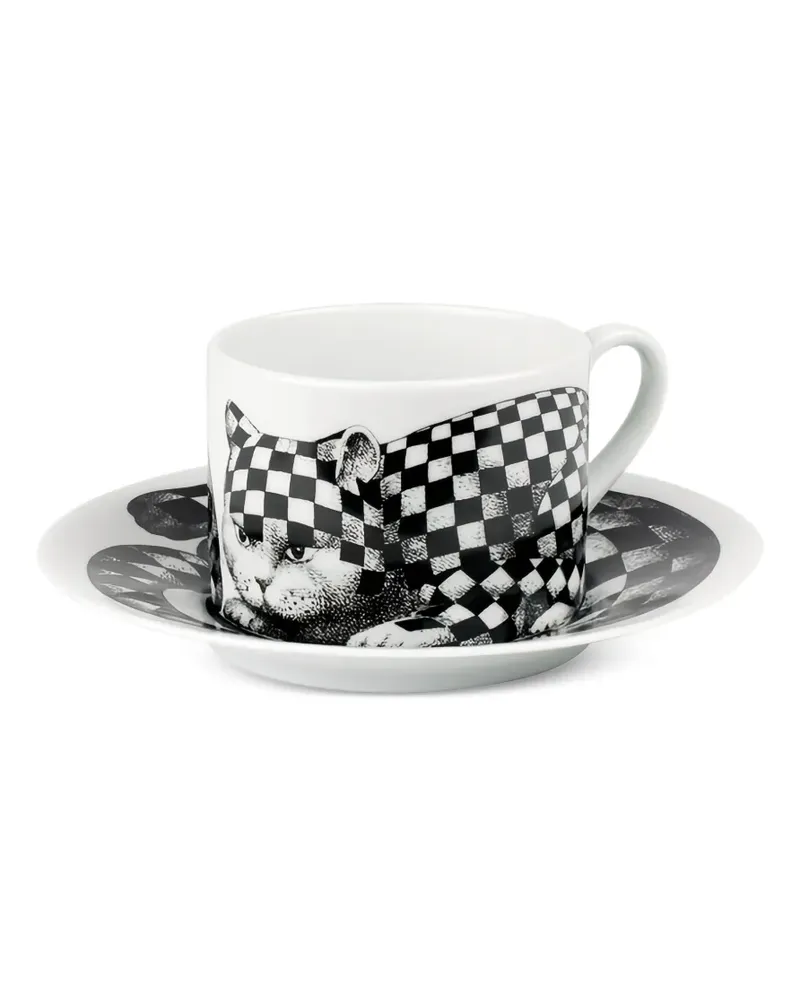 Fornasetti Karierte Teetasse mit Katzenmotiv (4er-Set) - Weiß Weiß