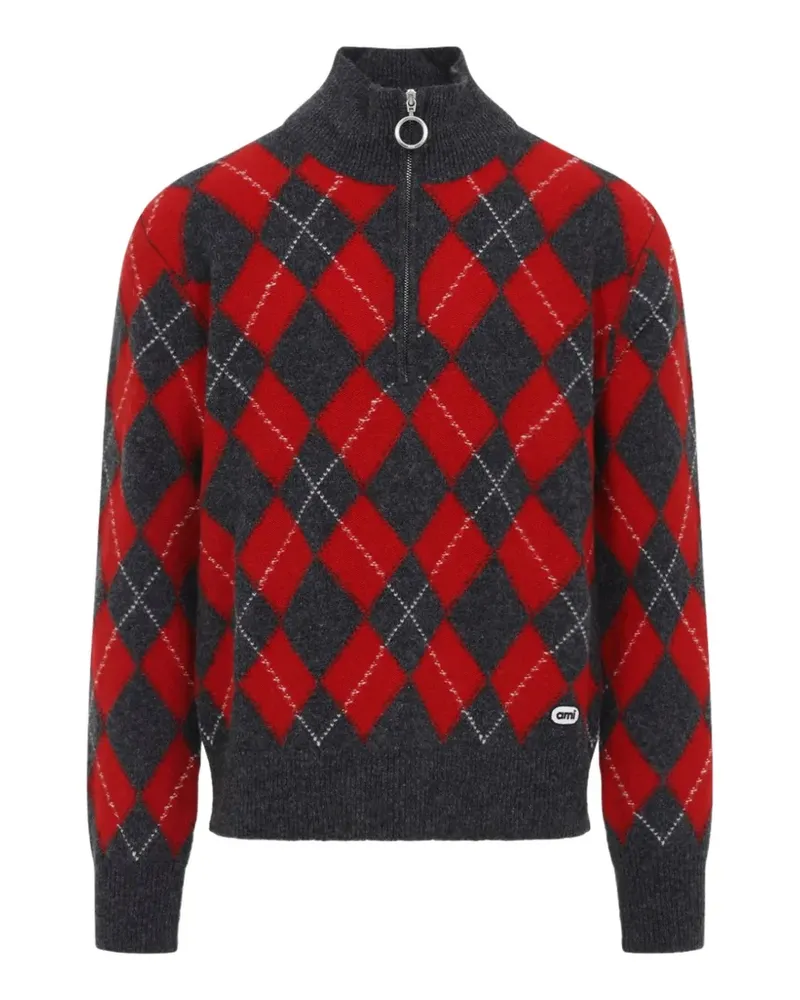 AMI Paris Pullover mit Argyle-Karo und kurzem Reißverschluss - Grau Grau