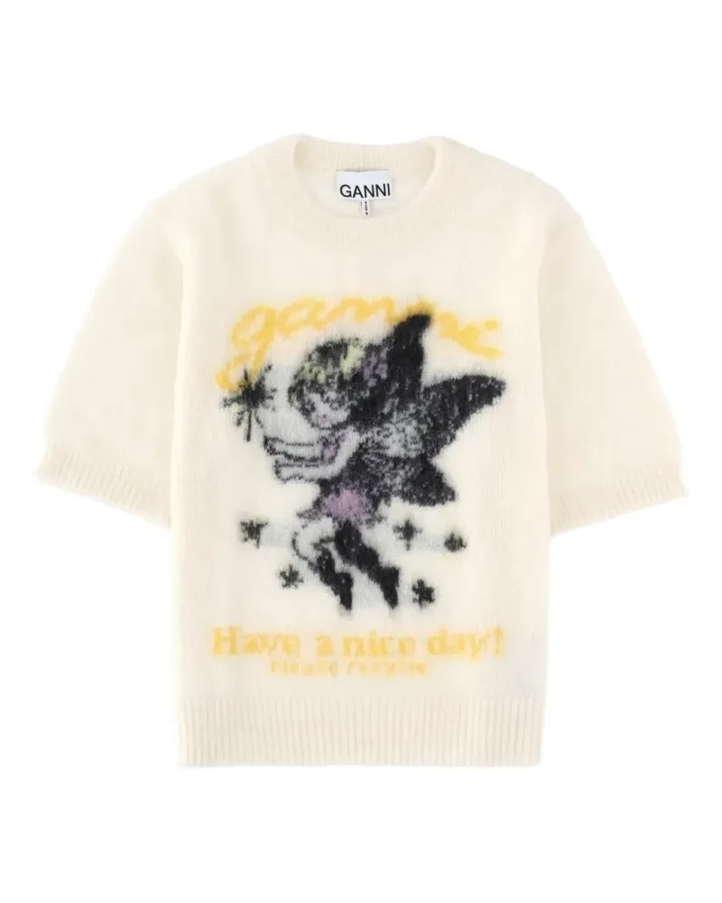 Ganni graphic-detail short-sleeve sweater - Nude Nude