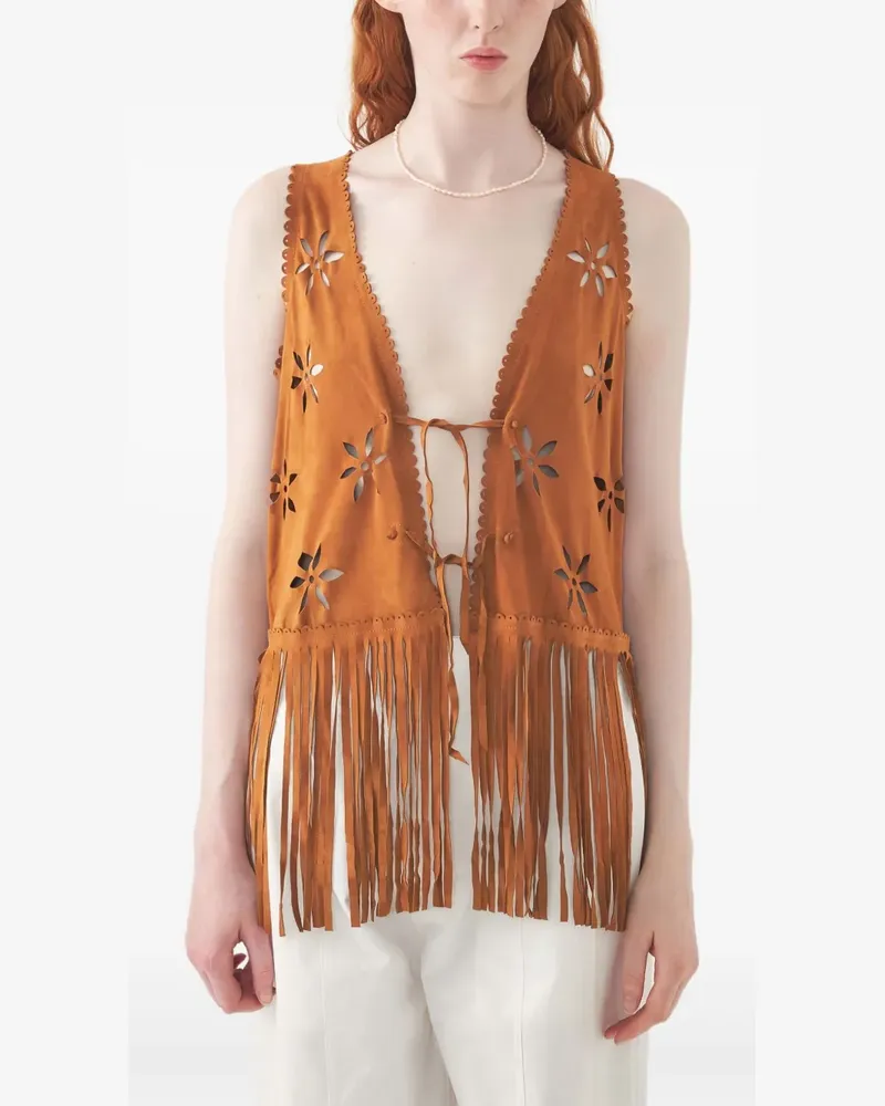 Antik Batik Weste mit Fransensaum - Braun Braun