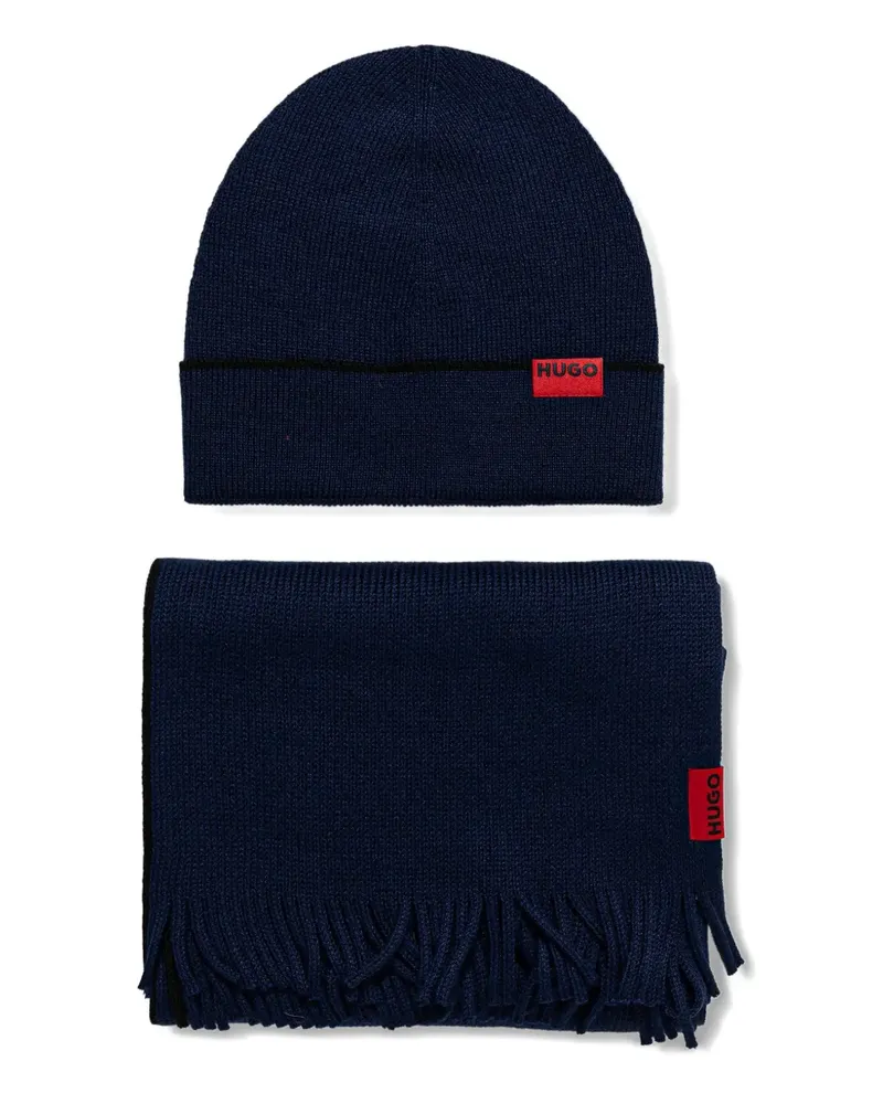 HUGO BOSS logo-detail fringed beanie set - Blau Blau