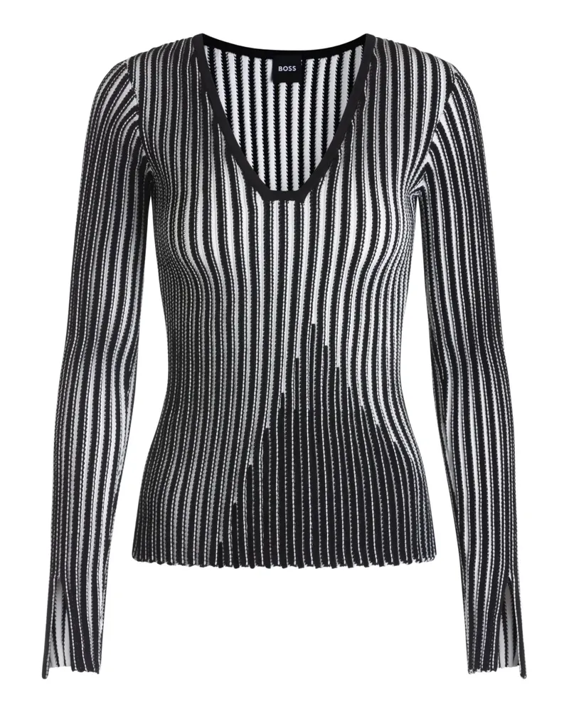 HUGO BOSS Gerippter Pullover mit V-Ausschnitt - Schwarz Schwarz