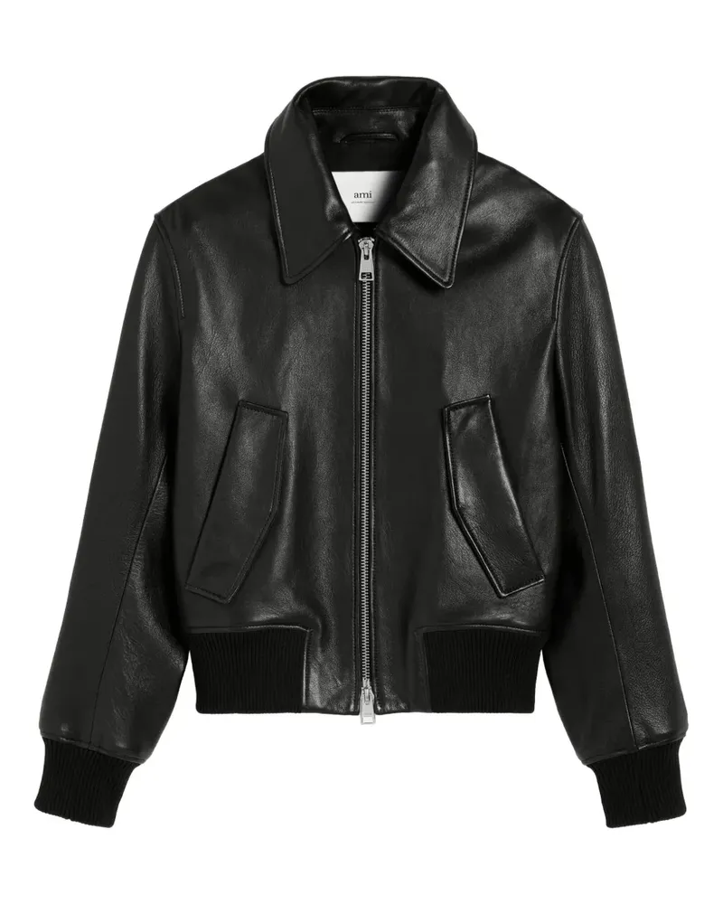 AMI Paris Lederjacke mit Logo-Stickerei - Schwarz Schwarz