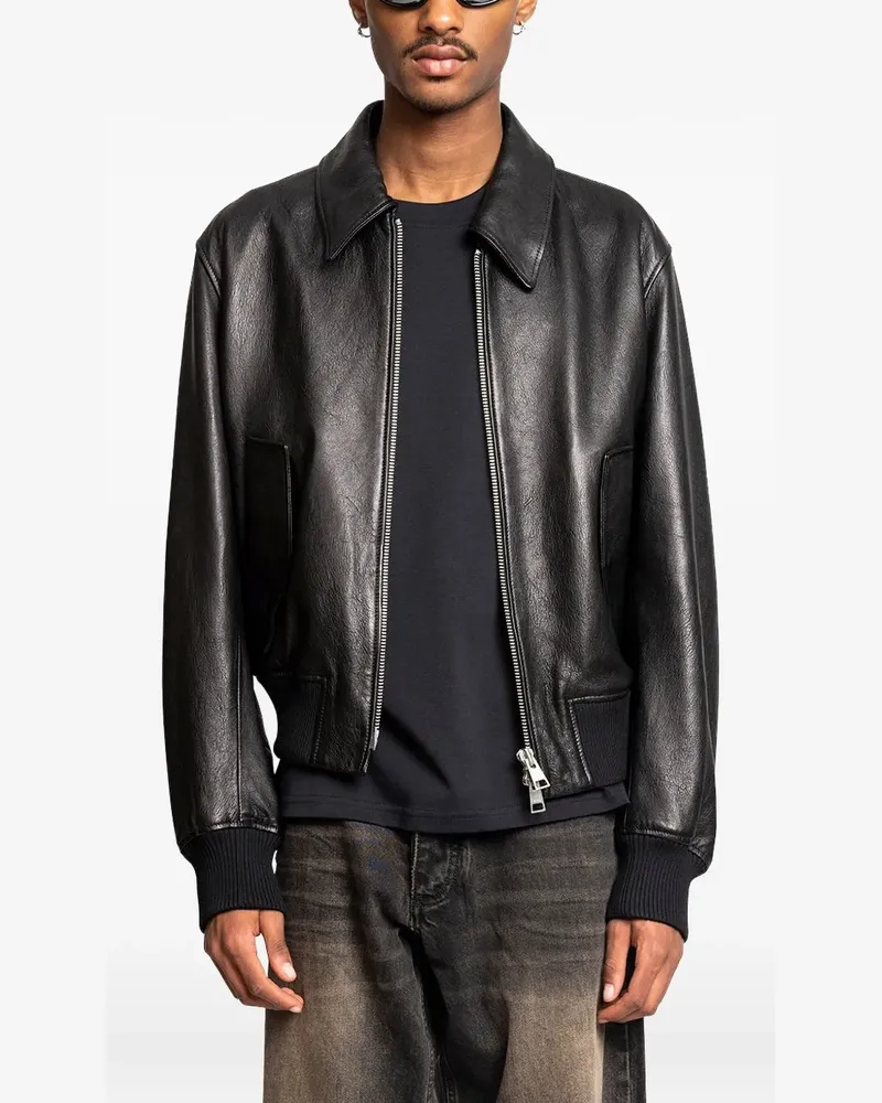 AMI Paris Lederjacke mit Logo-Stickerei - Schwarz Schwarz
