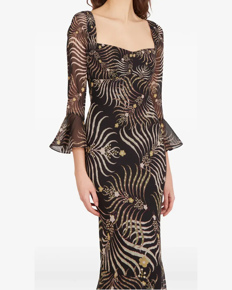 Saloni Willa Long-B palm-print dress - Schwarz Schwarz
