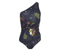 Asymmetrischer Badeanzug mit Blumen - Schwarz