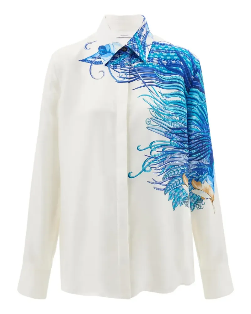 Ferragamo Seidenhemd mit Feder-Print - Weiß Weiß
