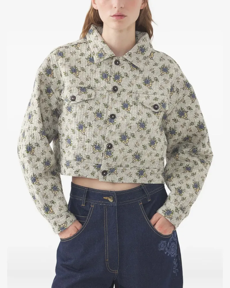 Antik Batik Cropped-Jacke mit Blumen-Print - Grün Grün