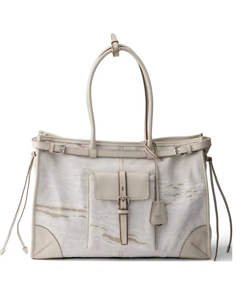 Prada Bonnie printed linen and leather tote bag - Nude Nude