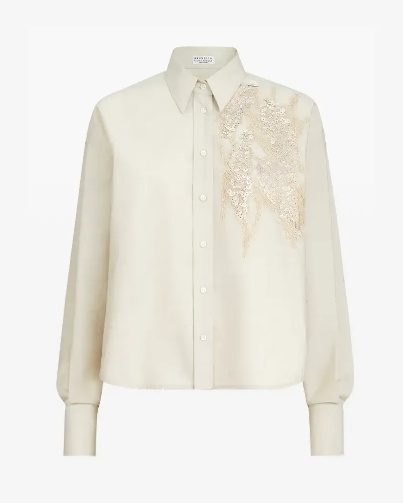 Brunello Cucinelli techno cotton poplin shirt with dazzling seabed embroidery - Weiß Weiß