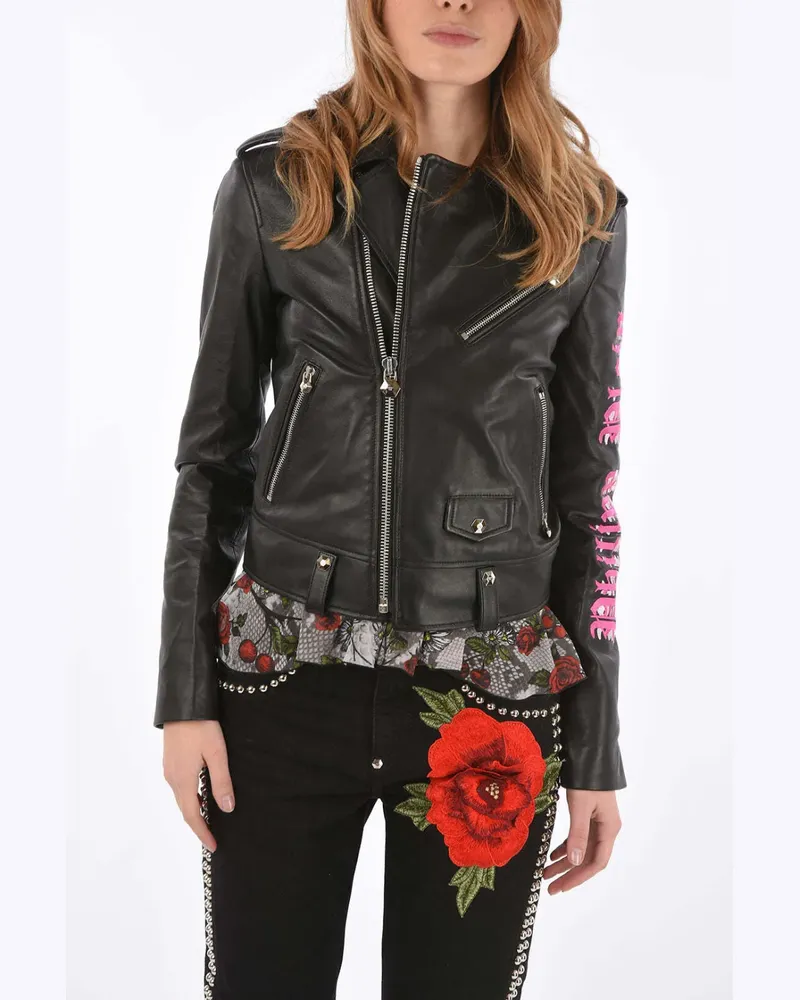 Philipp Plein Couture Angel embroidered leather biker jacket - Schwarz Schwarz