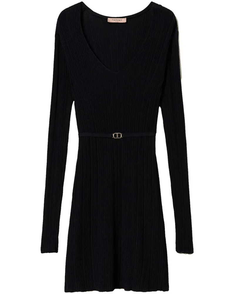 Twin-Set Geripptes Strick-Minikleid mit Gürtel - Schwarz Schwarz