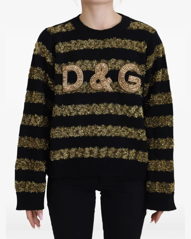 Dolce & Gabbana Gestreifter D&G Strick mit Kristallverzierung - Schwarz Schwarz