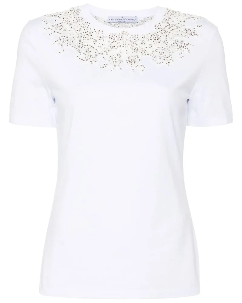 Ermanno Scervino T-Shirt mit Kristallen und Spitze - Weiß Weiß