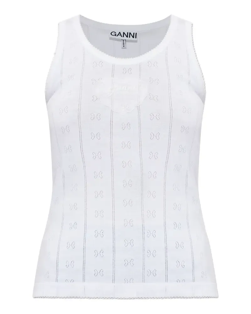 Ganni logo-patch pointelle-knit top - Weiß Weiß
