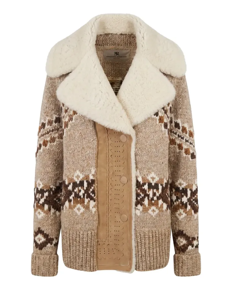 Ermanno Scervino intarsia-knit shearling-collar coat - Nude Nude