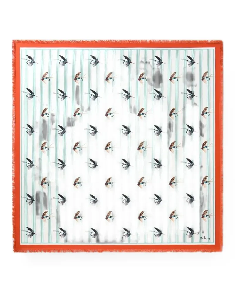 Mulberry feather-print frayed scarf - Weiß Weiß