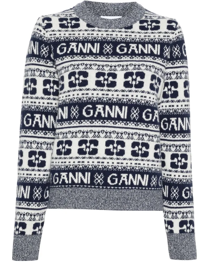 Ganni Pullover mit Intarsien-Logo Blau