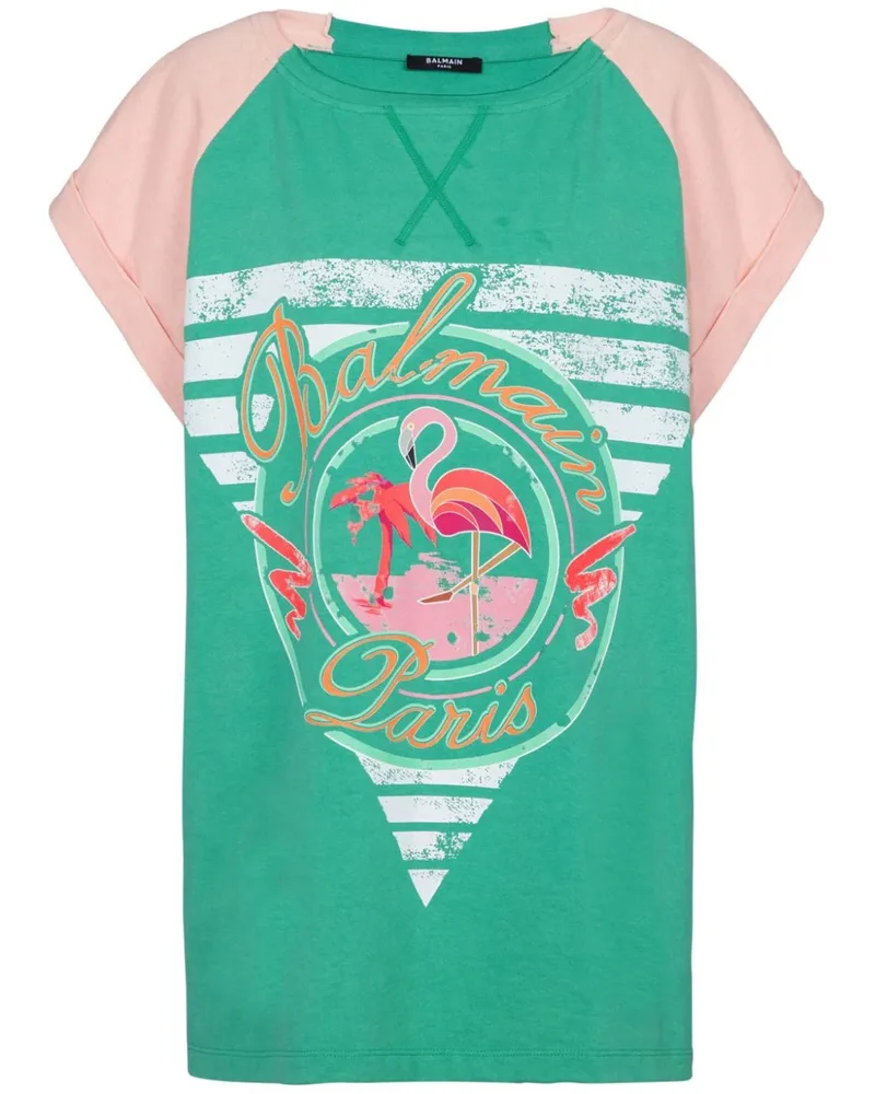 Balmain T-Shirt mit Flamingo-Print - Grün Grün