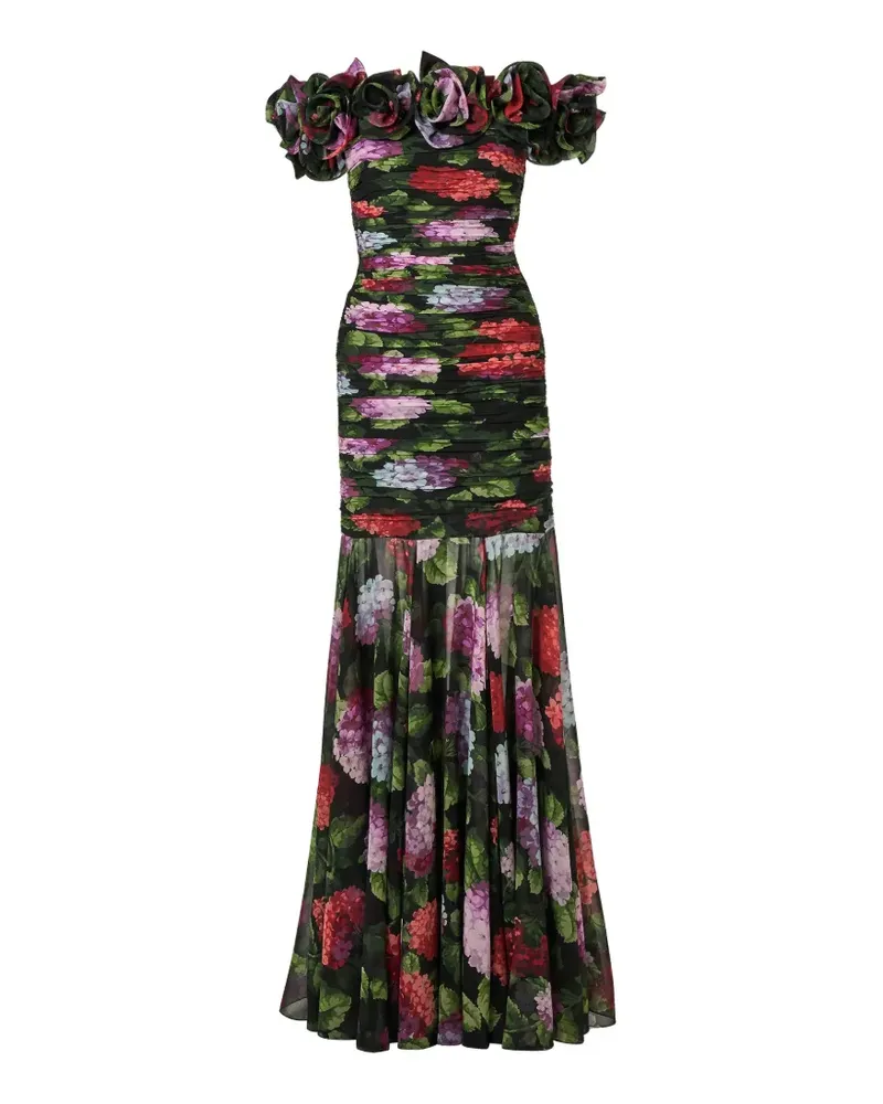 Carolina Herrera New York Chiffon Abendkleid mit Off-the-Shoulder-Design und Hortensien-Print - Schwarz Schwarz