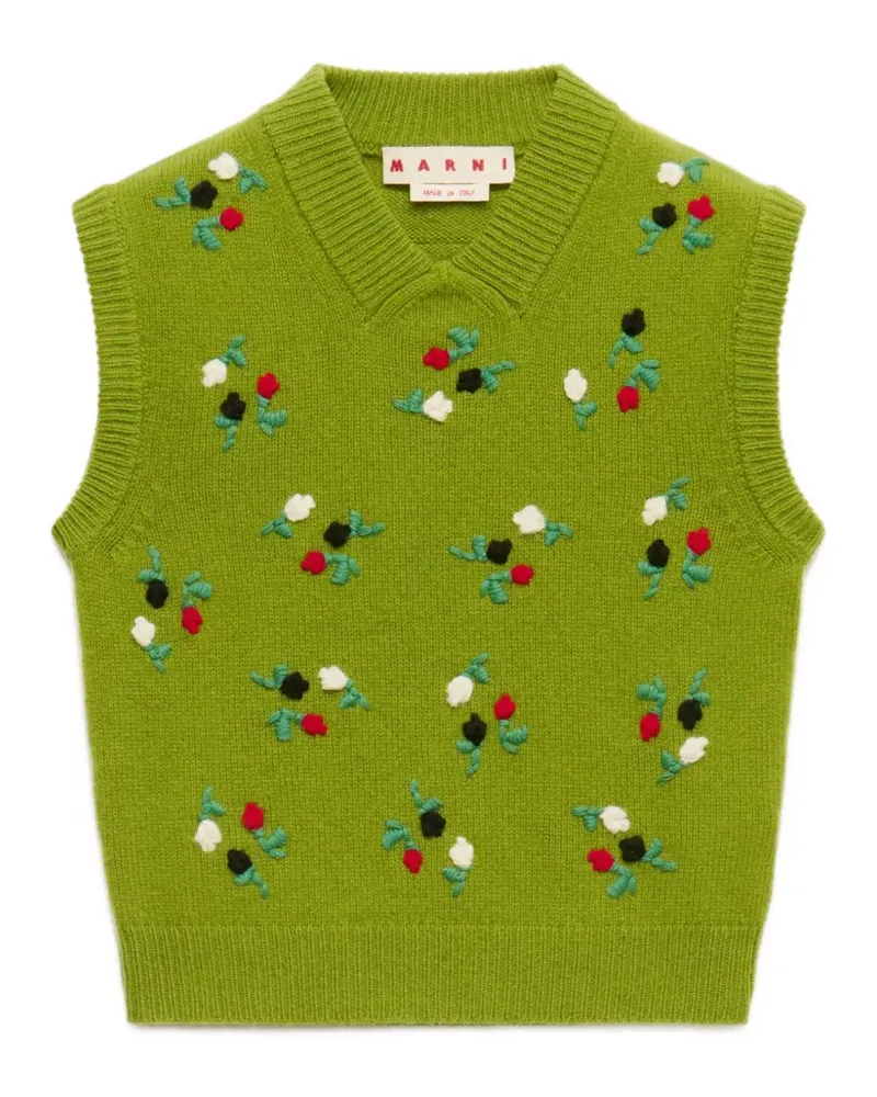 Marni green wool-cashmere vest with flower embroidery - Grün Grün