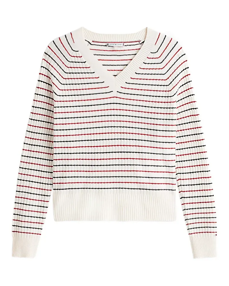Tommy Hilfiger Gestreifter Zopfmusterpullover mit V-Ausschnitt - Weiß Weiß