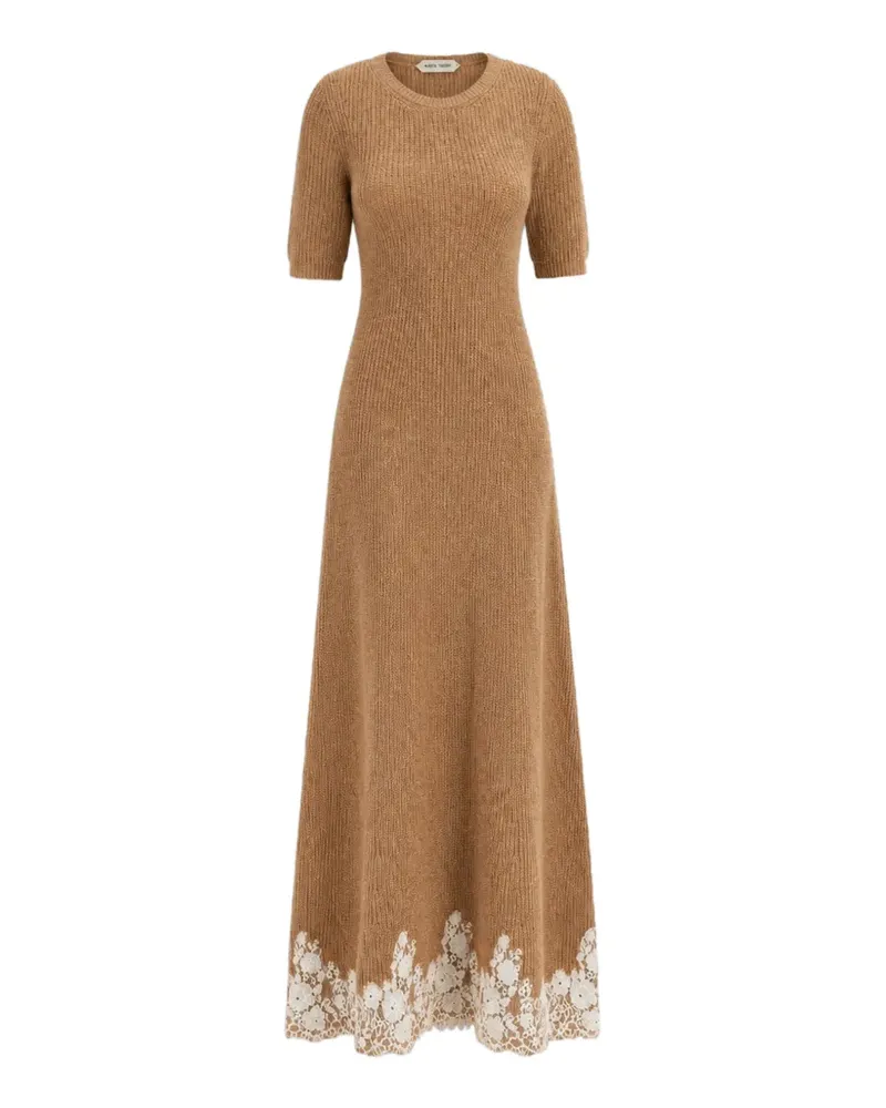 Alberta Ferretti lace-trim ribbed-knit midi dress - Nude Nude