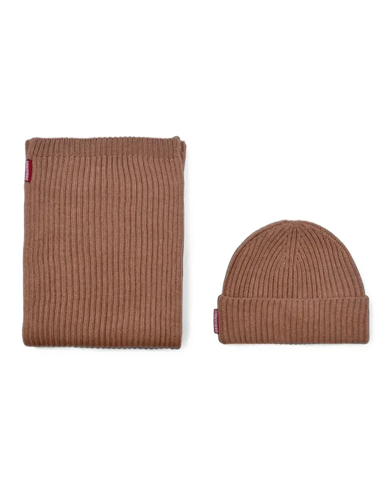 Dsquared2 Set aus Beanie und Schal in englischem Rippstrick - Braun Braun