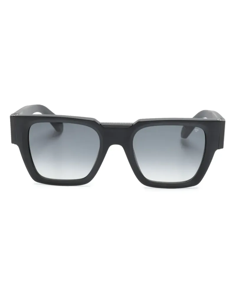Philipp Plein Eckige Sonnenbrille mit Logo-Schild - Schwarz Schwarz