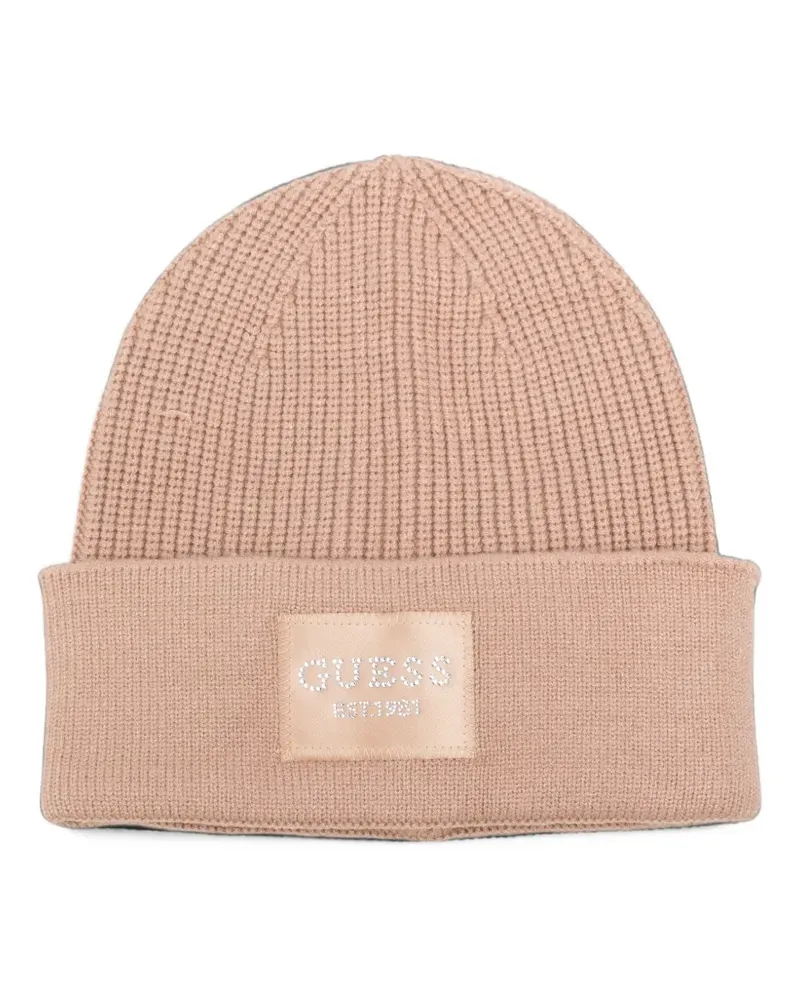 Guess logo-patch ribbed beanie hat - Nude Nude