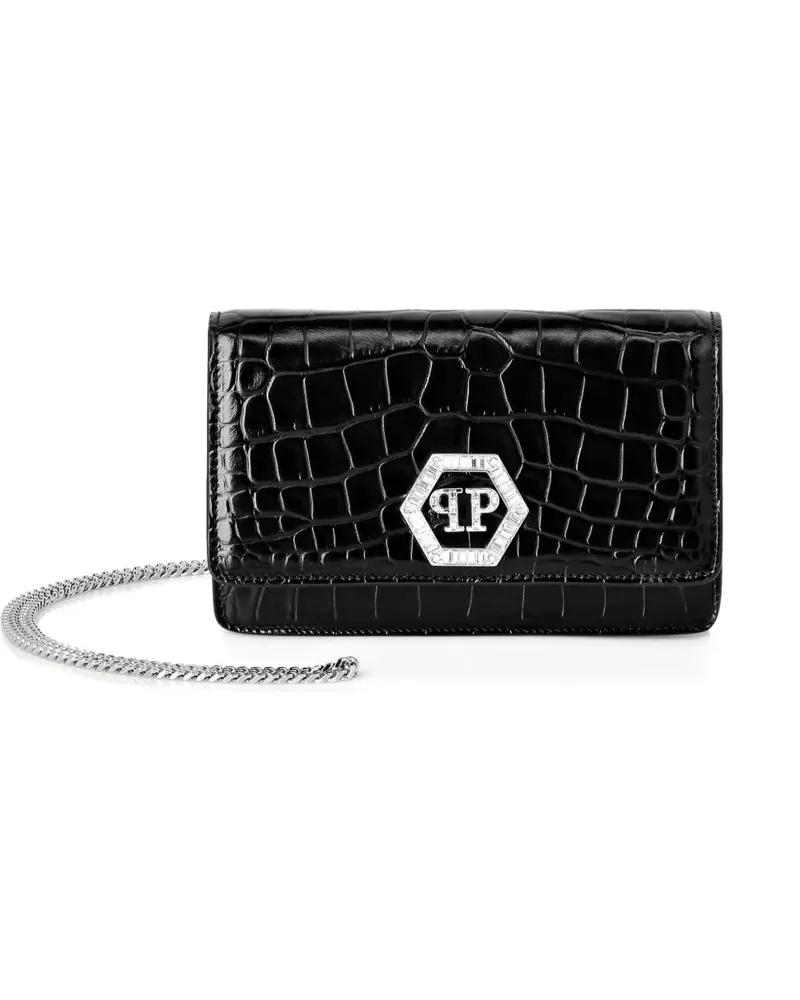Philipp Plein Kristallverzierte Clutch mit Kroko-Effekt - Schwarz Schwarz
