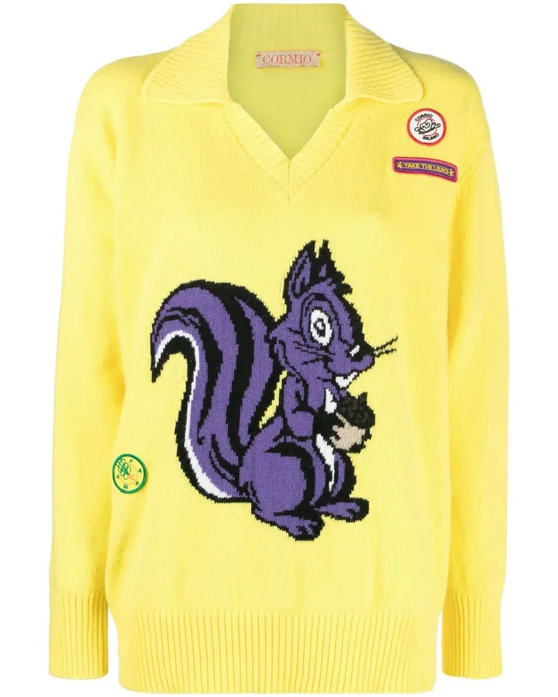 CORMIO Intarsien-Pullover mit Eichhörnchen - Gelb Gelb