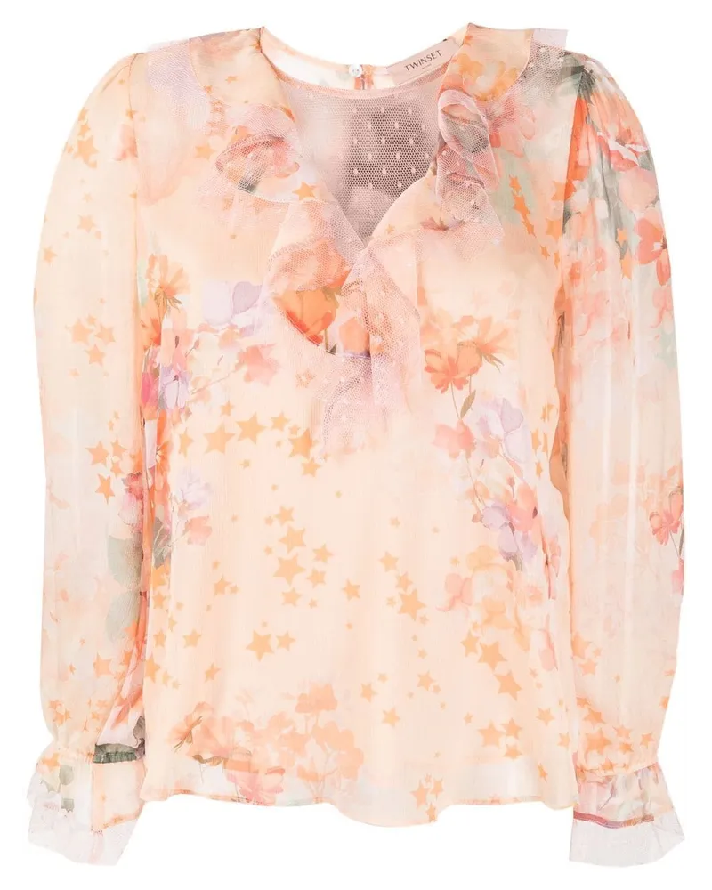 Twin-Set Gerüschte Bluse mit Blumen-Print Orange