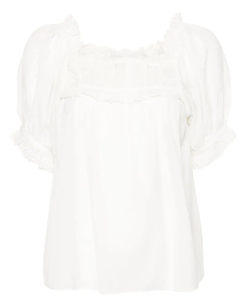 DÔEN Puffärmel-Bluse mit Spitzendetail - Weiß Weiß