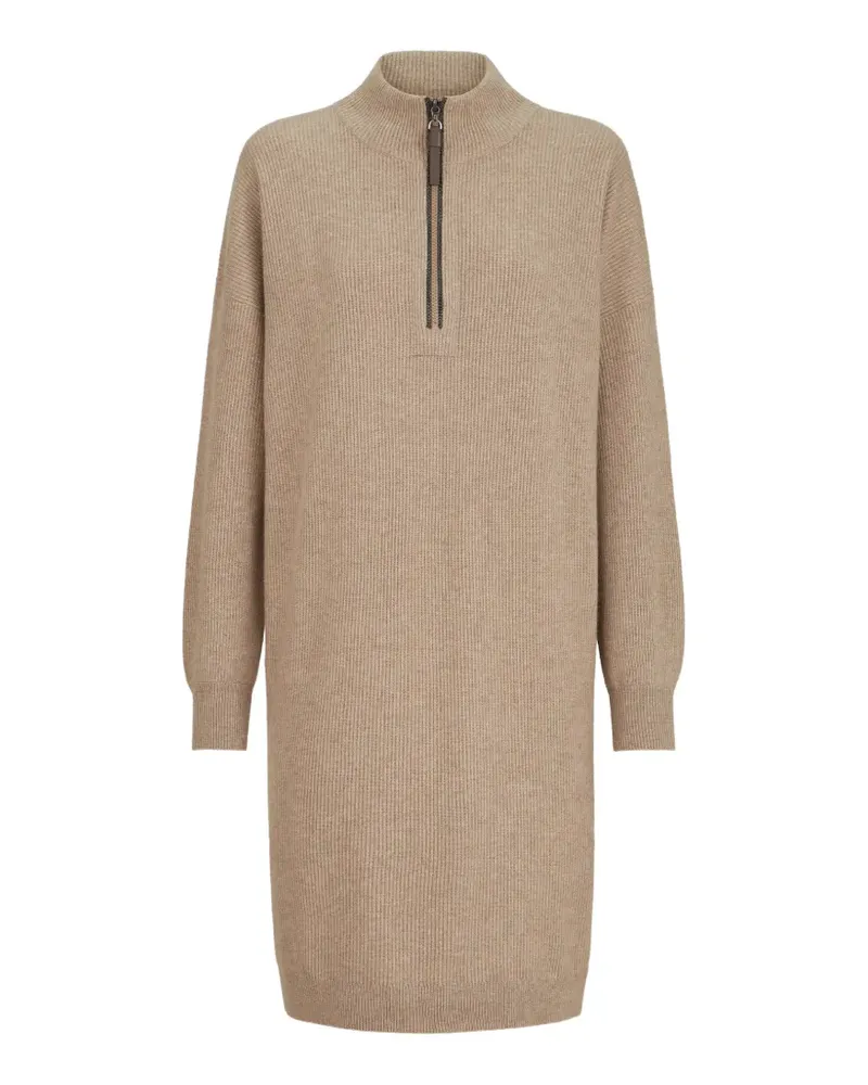 Brunello Cucinelli virgin wool, cashmere and silk rib-knit dress with precious half-zip - Nude Nude