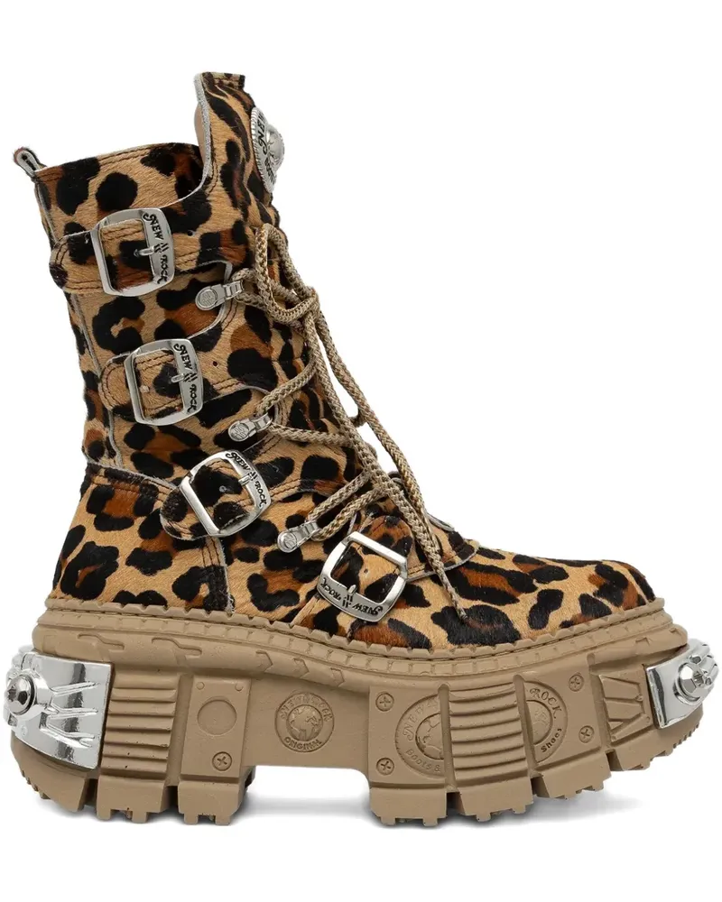 New Rock Bikerstiefel mit Leoparden-Print 100mm - Braun Braun