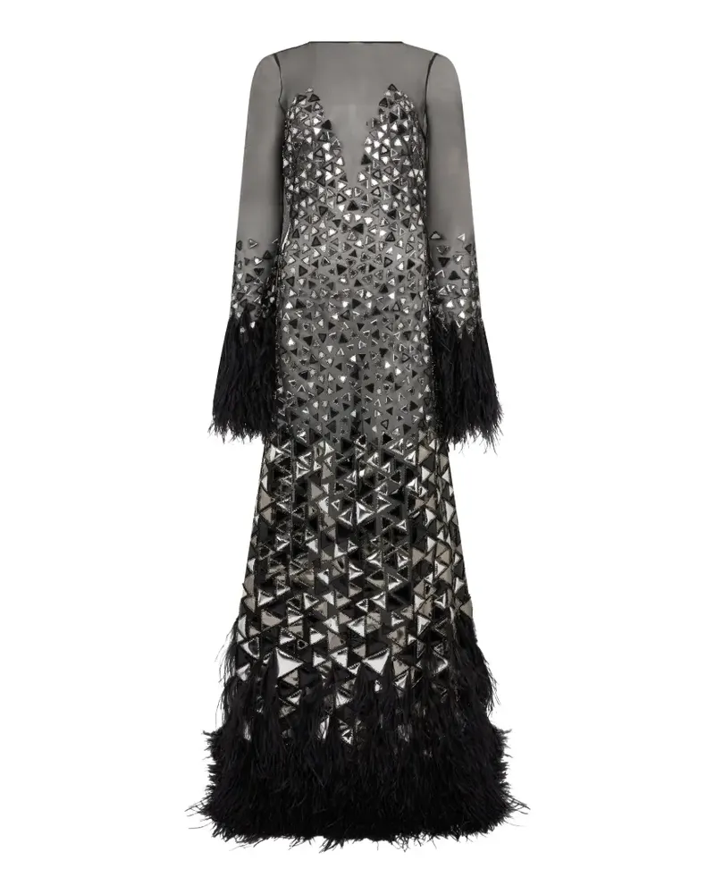 Alberta Ferretti A-Linien-Maxikleid mit Federbesatz - Schwarz Schwarz