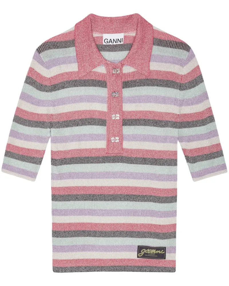 Ganni Gestreiftes Poloshirt aus Lurex-Strick - Rosa Rosa