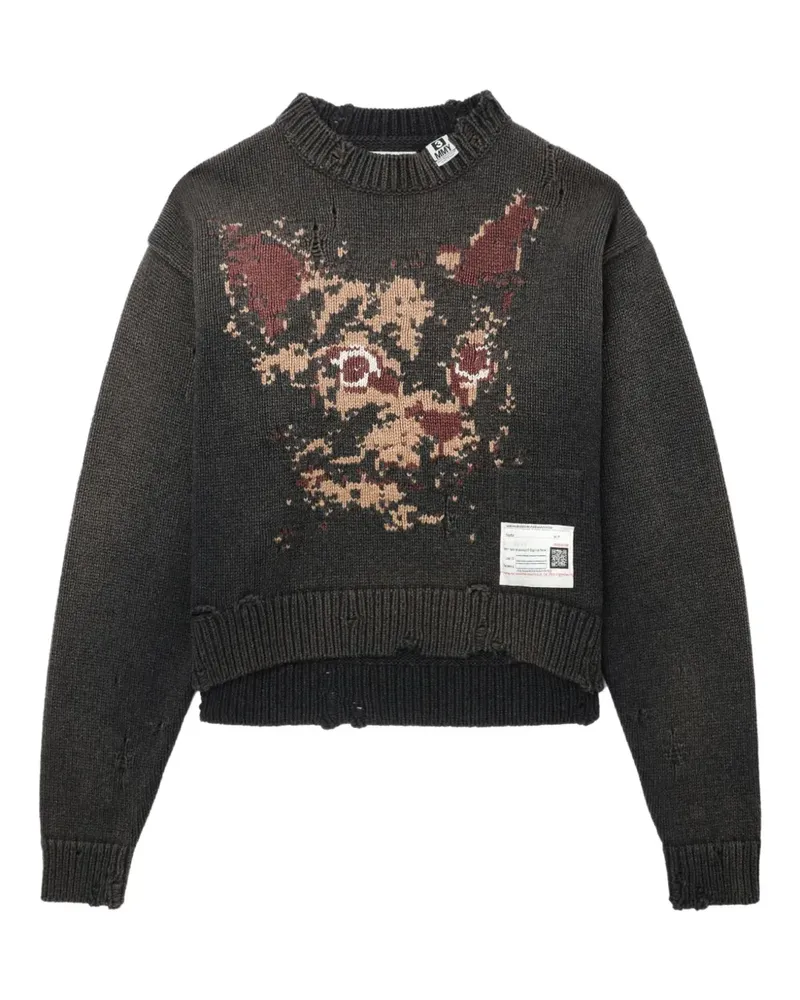 MIHARAYASUHIRO Strickpullover im Distressed-Look mit Katzengesicht - Schwarz Schwarz