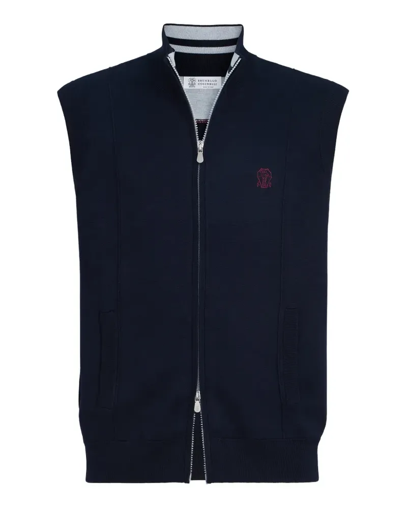Brunello Cucinelli cotton and silk french-terry double-knit vest with logo - Blau Blau
