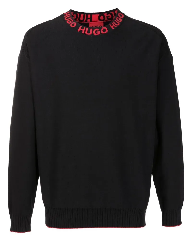 HUGO BOSS Fein gestrickter Pullover mit Logo - Schwarz Schwarz