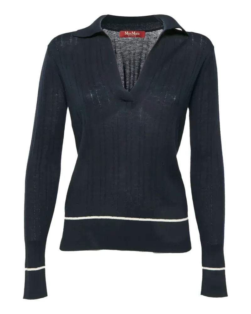 Max Mara Gerippter Pullover mit Polokragen - Blau Blau