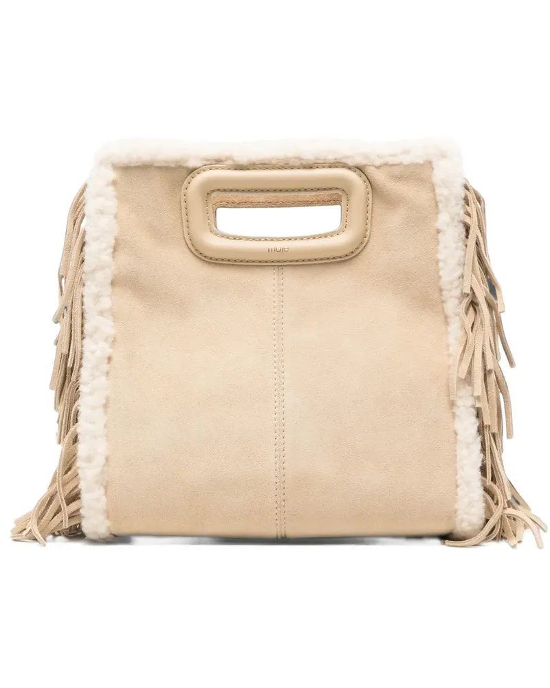 Maje fringed shearling-trim tote bag - Nude Nude