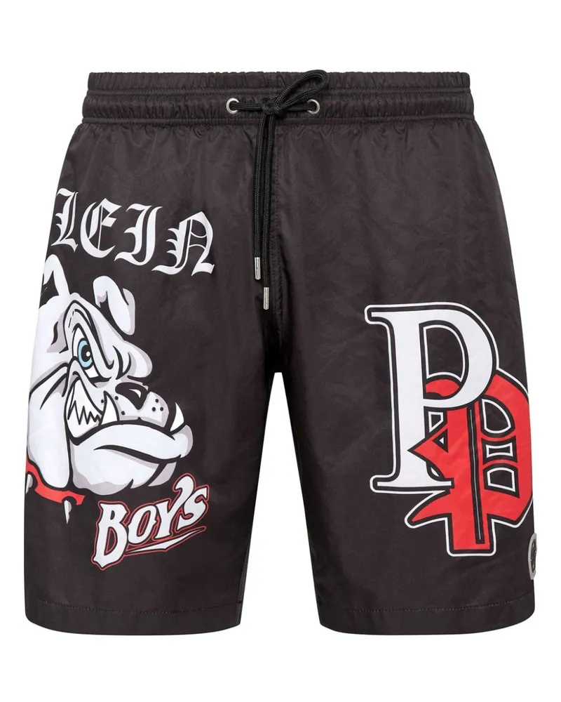 Philipp Plein Badeshorts mit Bulldogs-Print Schwarz