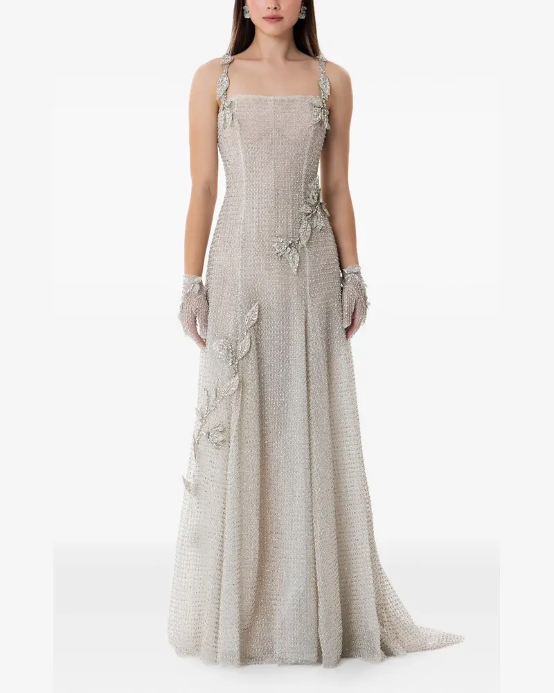Dina Melwani crystal leaf embellished maxi gown - Nude Nude